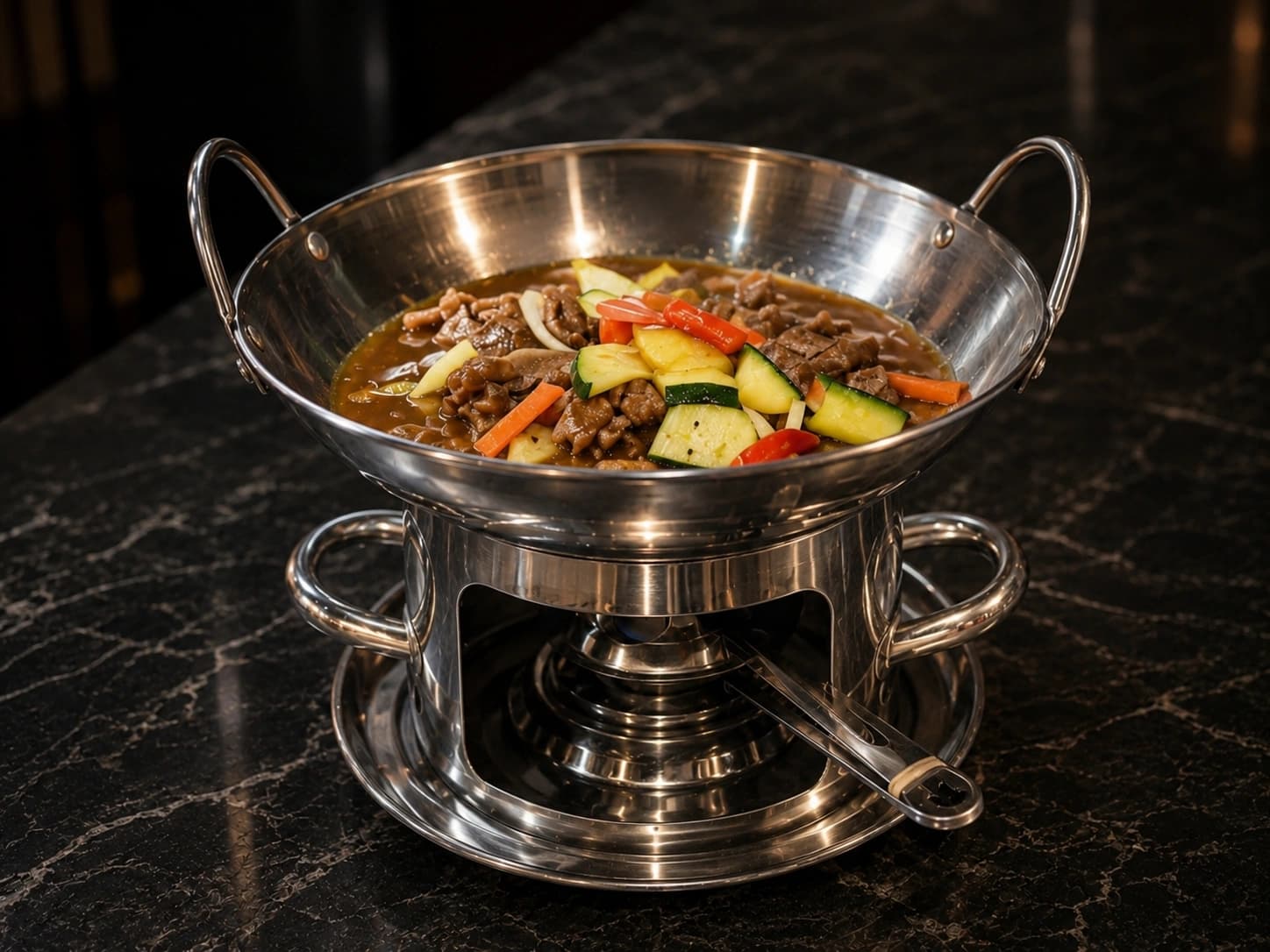 Dry pot carne de vaca servido num tacho metálico sobre a mesa